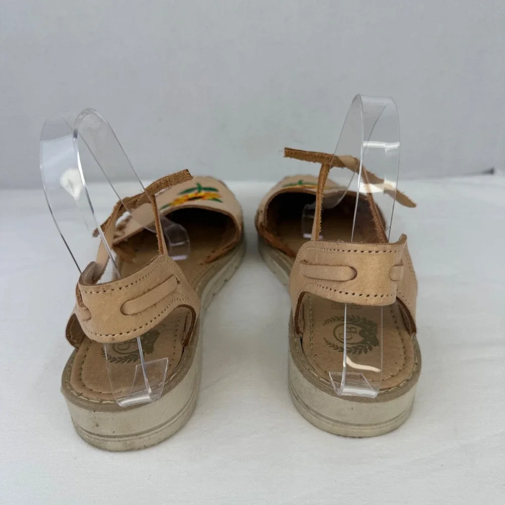 Mexican Huarache Sandals Tan Leather Sunflower‎ Embroidered Ankle Tie Flats 10